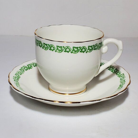 English Castle Teacup and Saucer Green Leaves Vintage - Picture 2 of 11